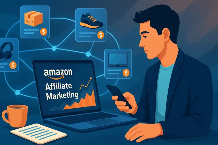 Amazon affiliate marketing in hindi, an image where a man stay front of pc